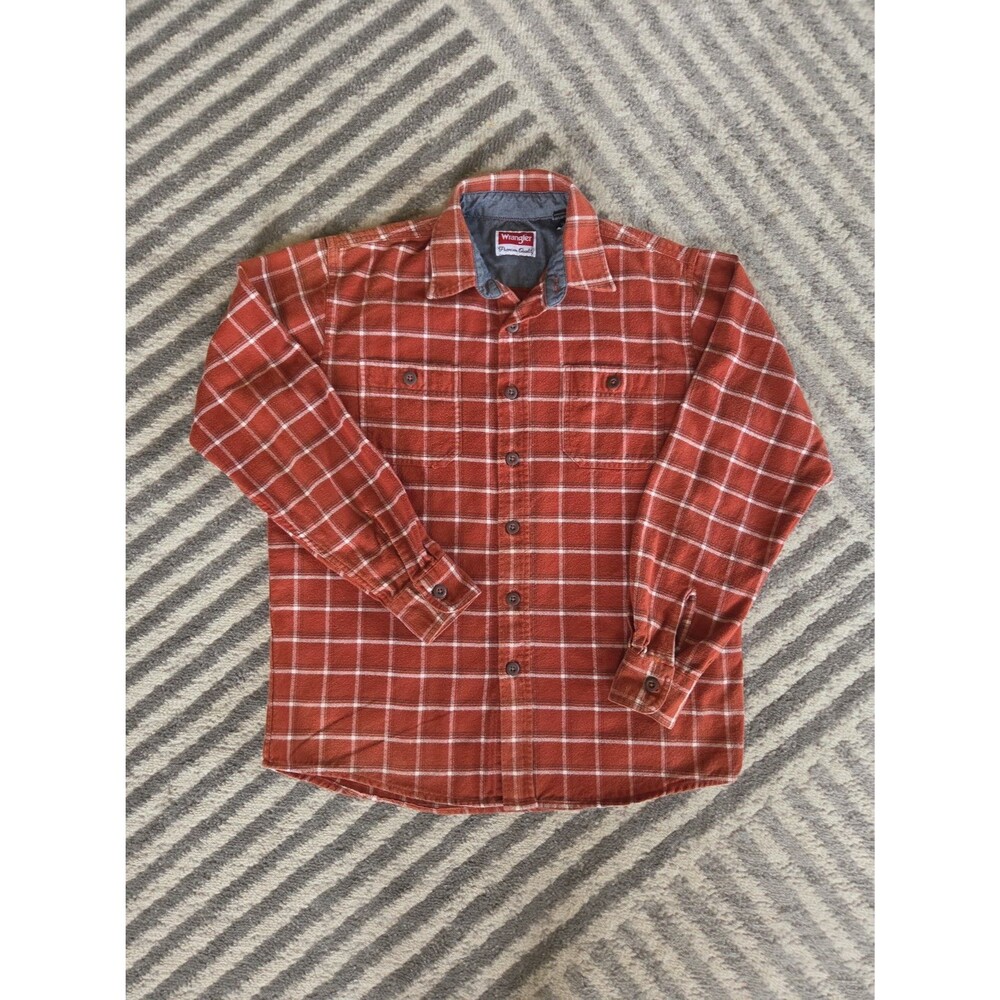 Wrangler Premium Shirt Mens Med Flannel Button Up Plaid Red Cotton